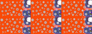 Turuncu renkli etnik çiçekli zarif eskiz deseni. Asya Tekstil 'inde Raster Çiçek İllüstrasyonu.