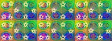 Kar tanelerinin soyut arkaplanlı Noel şablonu. Yeşil, mavi ve sarı kar taneleri. Raster illüstrasyonu. Noel ve Yeni Yıl moda baskıları için tatil tasarımı.