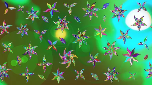 Yeşil renkli çiçekler. Renkli Bahar Teması eskiz kalıbı. Çiçekli çiçek deseni, suluboya. Raster illüstrasyonu. Düz Çiçek Elementleri Tasarımı.