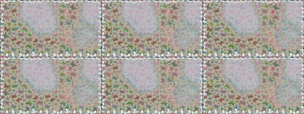 Gri ve nötr üzerindeki sevimli kelebekler. Ambalajlar, duvar kağıtları, kumaş tasarımı ve kağıt için güzel bir arka plan. Raster illüstrasyonu. Renkli kelebeklerin kusursuz arka planı.