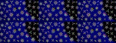 Suluboya elle çizilmiş çiçek desenli eskiz deseni. Parlak renkli fantezi çiçekleri, yapraklar, mavi renkli tomurcuklar.