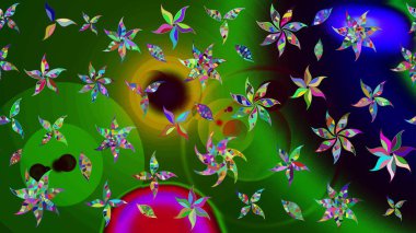 Raster Çiçek İllüstrasyonu 'nun şirin tekstili. Yeşil renkli etnik çiçeklerle zarif eskiz deseni.