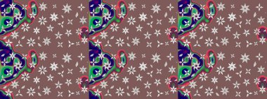 Düz Çiçek Elementleri Tasarımı. Çiçek desenli çizim. Renkli Bahar Teması eskiz kalıbı. Raster illüstrasyonu. Kahverengi renkli çiçekler. Asya tekstil tarzında.