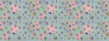 Elle çizilmiş çiçek desenli Raster çizimi. Çocuksu tasarım. Tekstil, kumaş, ambalaj, hatıra defteri için hoş bir çiçek arkaplanı. Gri arkaplanda.