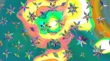 Parlak renkli çiçekleri ve mavi yaprakları olan harika bir çiçek deseni. Modern çiçek arkaplanı. Moda baskıları için zarif bir şablon. Halk stili.