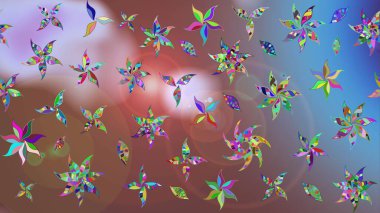 Patlayan çiçekler soyut olarak yerleştirilmiş. Raster illüstrasyonu. Kahverengi renklerde bahar çiçekleri. Raster deseni.