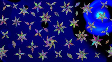 Raster illüstrasyonu. Çiçek ve yapraklı karalama şeklinde Raster çiçek deseni. Yumuşak, bahar çiçekleri mavi renklerde.