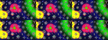 Renkli Bahar Teması eskiz kalıbı. Çiçeksel fantezi tasarımı ve parlak bir arka plan çizimi. Düz Çiçek Elementleri Tasarımı.