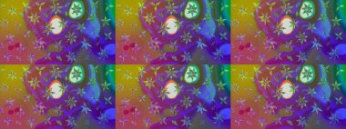 Violet menekşe üzerinde. 1950-1960 motifleri. El çizimi çiçek unsurları olan soyut çizim raster deseni. Retro tekstil tasarım koleksiyonu. Çiçekli ipek eşarp..