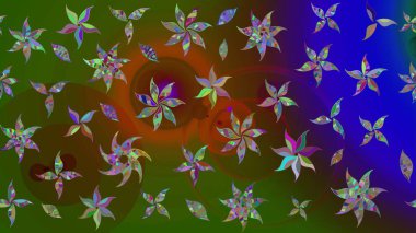 Raster çiçek desenli çiçek deseni, yapraklar, dekoratif elementler, sıçrama, lekeler, el çizimi kontur çizgileri ve Doodle çizim stili, grafik raster çizim çizimi.