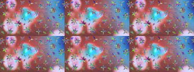 Eskiz arkaplan modeli. Yapraklı çiçekler ve pembe renkli papatya çiçekleri. Raster - stok.