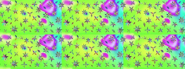 Küçük renkli çiçekler. Motley illüstrasyonu. Küçük çiçekte güzel bir desen. Yeşil çiçekli bahar çiçekleri. Moda baskıları için zarif bir şablon.