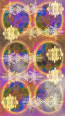 Renkler. Noel ve yeni yıl moda baskıları için tatil tasarımı. Kar tanelerinin soyut arkaplanlı Noel şablonu. Kahverengi, bej ve pembe kar taneleri. Raster illüstrasyonu.