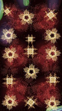 Kahverengi, siyah ve kırmızı kar taneleri. Kar tanelerinin soyut arkaplanlı Noel şablonu. Raster illüstrasyonu. Noel ve Yeni Yıl moda baskıları için tatil tasarımı.