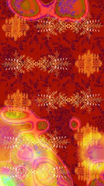 Renkli arka planda izole kar taneleri. Raster illüstrasyonu. Kar taneleri radyal kırmızı, turuncu ve sarı renkler.