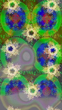 Raster illüstrasyonu. Renkler. Yeşil, gri ve nötr kar taneleri. Kar tanelerinin soyut arkaplanlı Noel şablonu. Noel ve Yeni Yıl moda baskıları için tatil tasarımı.