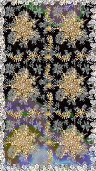 Klasik çiçek dokusu. Raster illüstrasyonu. Kusursuz desenli altın elementler. Altın şablon. Gri renkli Royal retro. Kart, duvar kağıdı, ambalaj, tekstil için klasik tasarım.