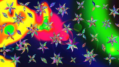 Küçük çiçekte güzel bir desen. Küçük renkli çiçekler. Yeşil çiçekli bahar çiçekleri. Moda baskıları için zarif bir şablon. Motley illüstrasyonu.