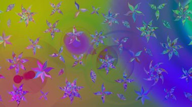 Yeşil renkli bitkilerden oluşan parlak çiçekli çizim deseni.