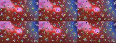 Raster illüstrasyonu. Tekstil veya kitap kapakları, imalat, duvar kağıtları, baskı, hediye paketi ve yapıştırma kitabı için çiçek eskizi geçmişi. Küçük ölçekli çiçeklerdeki basit sevimli desen.