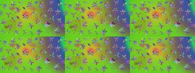 Parlak çiçekli yeşil renkler üzerine soyut çizim deseni. Çiçeksel elementlerle süslenmiş zarif raster dokusu. Küçük çiçekte şirin bir çiçek deseni var..