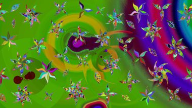 Çok yeşil zarif küçük çiçekler ve yeşil renkli komik böcekler, raster desen, illüstrasyon.