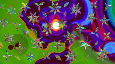 Yumuşak, yeşil renkli bahar çiçekleri. Raster deseni. Raster illüstrasyonu. Patlayan çiçekler soyut yerleştirilmiş.