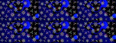 Dallı bahar çiçekleriyle desen, mavi renklerle çiçek siluetiyle desen. Raster deseni.