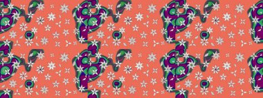 Raster Çiçek İllüstrasyonu 'nun şirin tekstili. Turuncu renkli etnik çiçeklerle zarif bir eskiz deseni..