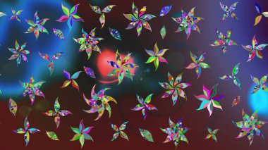 Mor renkte çok renkli zarif küçük çiçekler ve komik böcekler, raster deseni, illüstrasyon.