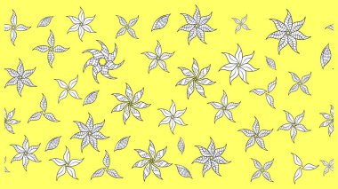 Raster Illustrasyon 'daki Çiçek Deseni' nin son moda çizimi. Renkli Yaz Temalı eskiz kalıbı. Düz Çiçek Elementleri Tasarımı. Güzel kumaş deseni.