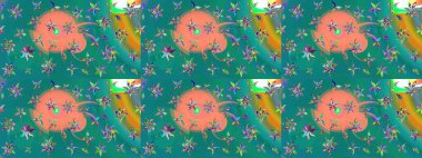 Renkli Yaz Temalı eskiz kalıbı. Raster illüstrasyonundaki çiçek desenli çizim. Düz Çiçek Elementleri Tasarımı. Mavi renkte çiçekler.