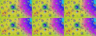 Suluboya elle çizilmiş çiçek desenli eskiz deseni. Parlak renkli fantezi çiçekleri, yapraklar, sarı renkli tomurcuklar.