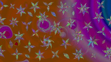 Kahverengi arka planda. Çocuksu tasarım. Tekstil, kumaş, ambalaj, hatıra defteri için hoş bir çiçek arkaplanı. Elle çizilmiş karalama çiçekleri ile Raster çizim deseni.