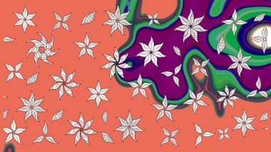 1950-1960 motifleri. El çizimi çiçek unsurları olan soyut çizim raster deseni. Retro tekstil tasarım koleksiyonu. Turuncu üzerine turuncu. Çiçekli ipek eşarp..