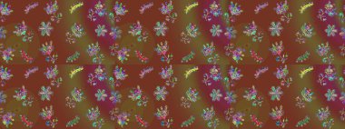 Kar tanelerinin soyut arkaplanlı Noel şablonu. Raster illüstrasyonu. Kahverengi, yeşil ve mor renkler. Noel ve Yeni Yıl moda baskıları için tatil tasarımı.