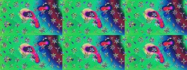 Raster illüstrasyonundaki çiçek desenli çizim. Düz Çiçek Elementleri Tasarımı. Renkli Yaz Temalı eskiz kalıbı. Yeşil renkte çiçekler.