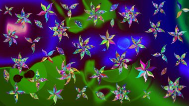 Raster deseni. Bahar çiçekleri dallı desen, yeşil renkler çiçekli siluet.