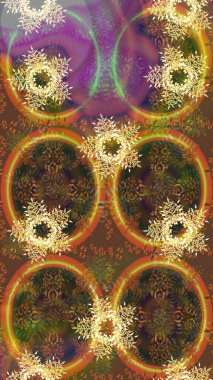 Renkli arka planda izole kar taneleri. Raster illüstrasyonu. Kar taneleri radyal kahverengi, mor ve turuncu renkler.