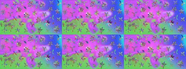 Raster illüstrasyonundaki çiçek desenli çizim. Renkli Bahar Teması eskiz kalıbı. Düz Çiçek Elementleri Tasarımı. Mor renkte çiçekler.