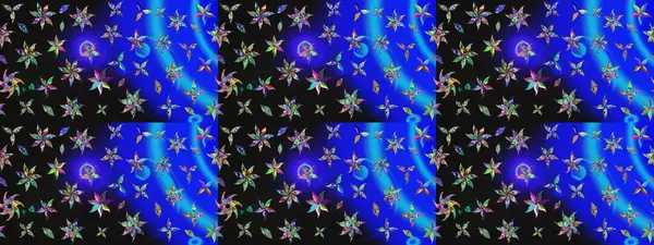 Bir sürü mavi soyut çiçekli tropikal eskiz deseni. Küçük çiçekteki sevimli çiçek deseni. Varicoloblue raster çizimi.