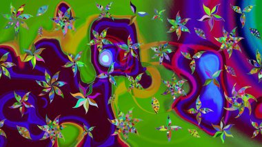 Düz Çiçek Elementleri Tasarımı. Renkli Bahar Teması eskiz kalıbı. Raster Modaya uygun kumaş deseni. Yeşil renkli şirin çiçek deseni.