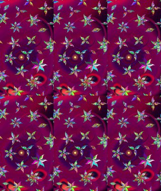 Çiçek desenli çizim. Asya tekstil tarzında. Raster illüstrasyonu. Mor, kahverengi ve kırmızı renkte çiçekler. Raster illüstrasyonu.