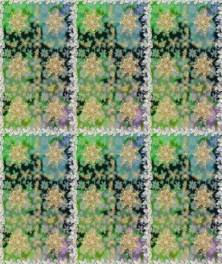 2019 Noel 'i, kar tanesi, yeni yıl. Altın elementli yeşil renkte klasik eskiz deseni.