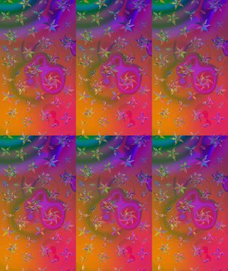 Mor renkte çok renkli zarif küçük çiçekler ve komik böcekler, raster deseni, illüstrasyon.