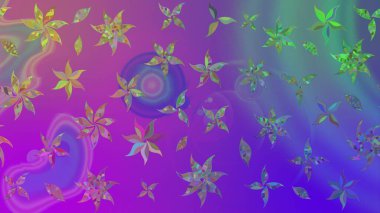 Çok renkli, zarif küçük çiçekler ve mor renkli komik böcekler, raster deseni, illüstrasyon..