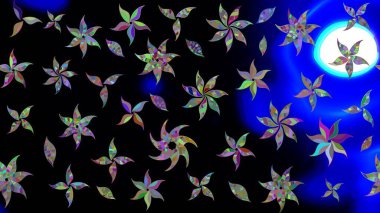 Çok renkli, zarif küçük çiçekler ve siyah renkli komik böcekler, raster desen, illüstrasyon..