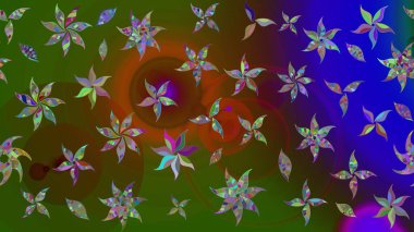 Raster çiçek desenli çiçek deseni, yapraklar, dekoratif elementler, sıçrama, lekeler, el çizimi kontur çizgileri ve Doodle çizim stili, grafik raster çizim çizimi.