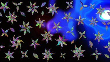 Raster illüstrasyonu. Raster illüstrasyonu. Asya tekstil tarzında. Siyah renkli çiçekler. Çiçek desenini çiz.