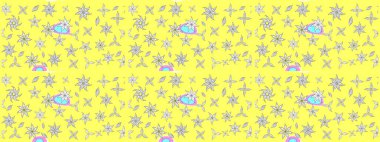 Çiçek desenli çizim. Raster illüstrasyonu. Asya tekstil tarzında. Sarı renkli çiçekler. Renkli Bahar Teması eskiz kalıbı. Düz Çiçek Elementleri Tasarımı.